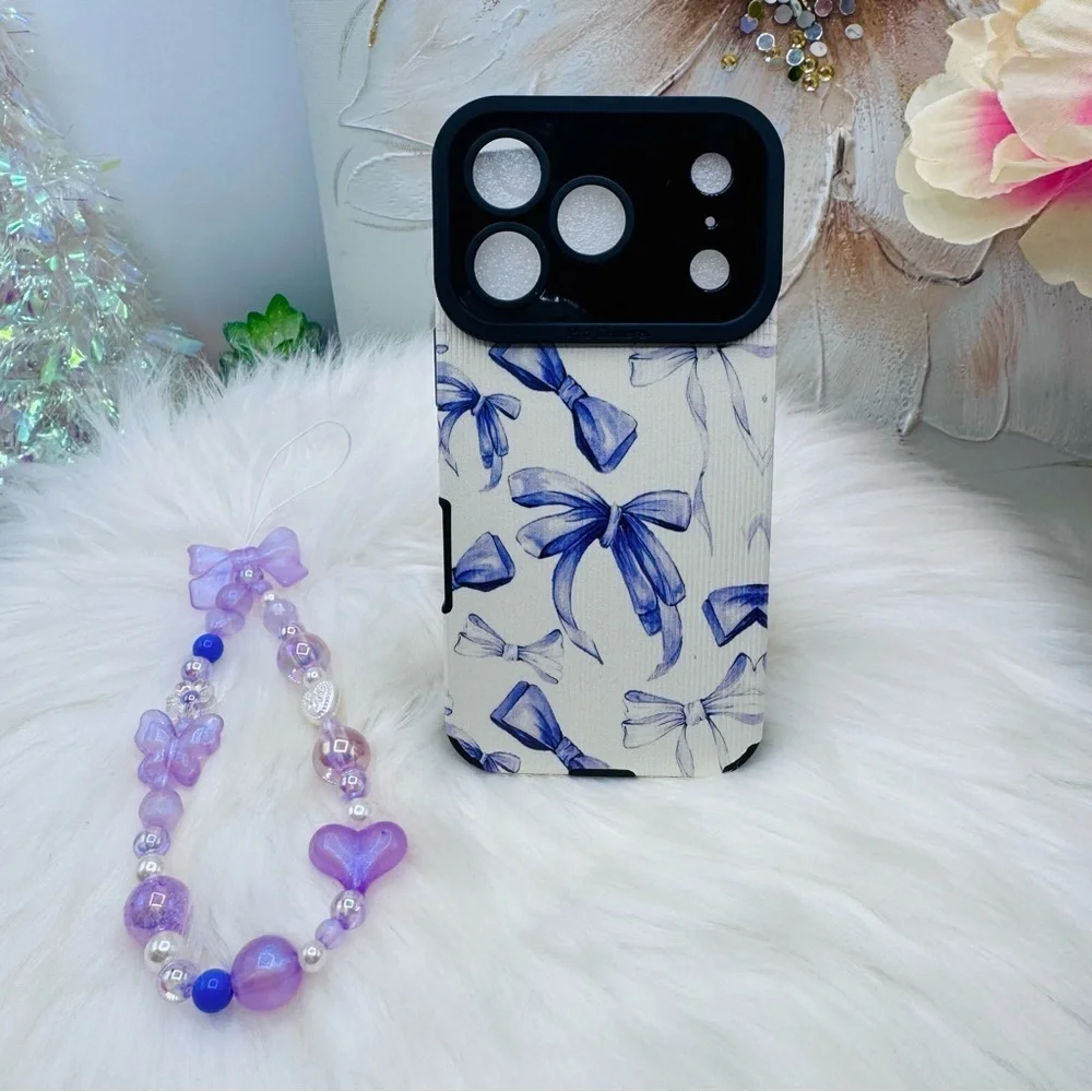 Chic Purple Bow iPhone 17 Pro Case with Phone Bow Beaded lanyard